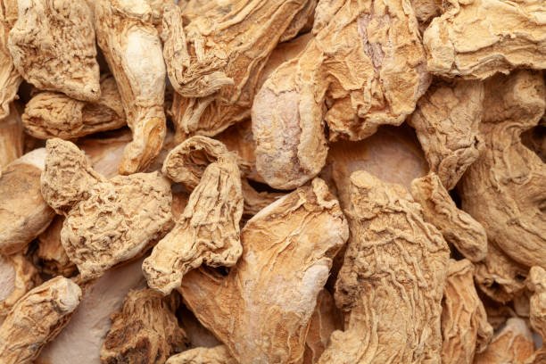 Close-up of Organic Dry Ginger root (Zingiber officinale) or sonth, Full-Frame wallpaper. Top View